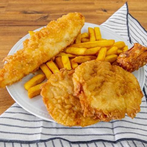 Single Fish and Chips Pack — golden battered fish, chips and potato cakes